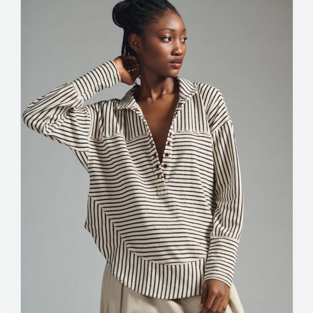 Pilcro Spliced Henley Top, Cotton, New, Size XXS Black & White stripe.